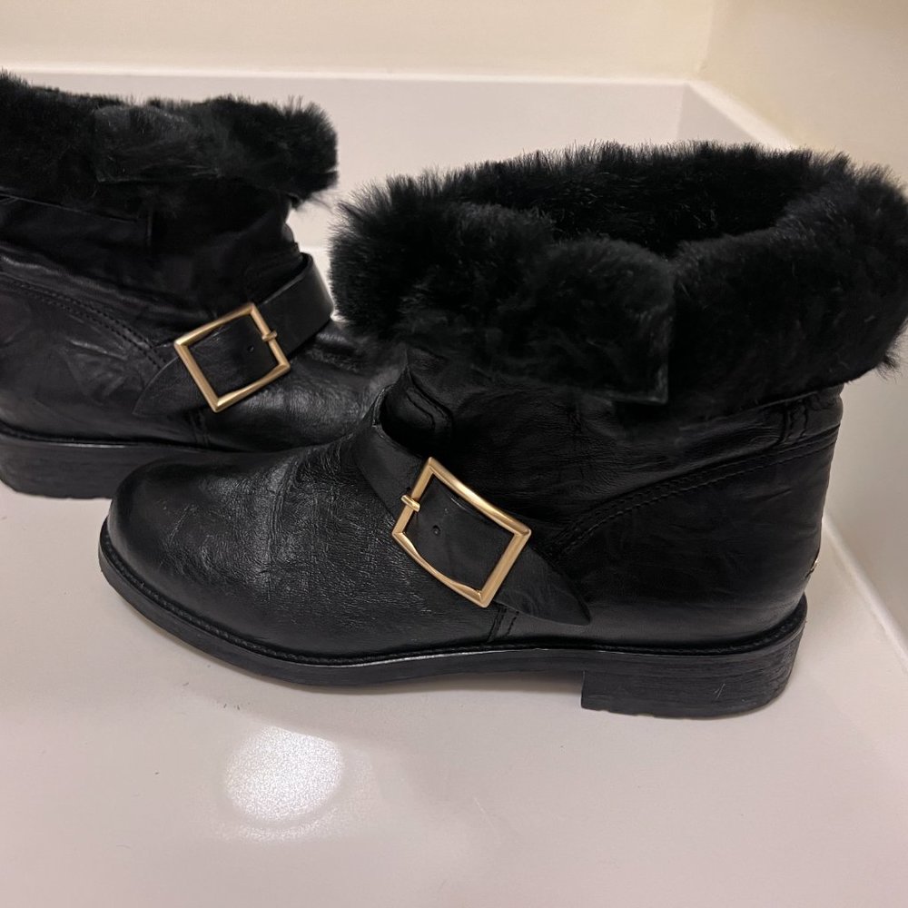 Jimmy Choo Black Leather Fur Lined Biker Boots Size 39.5